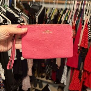 Coach Pink Saffiano Leather Wristlet with Gold Logo